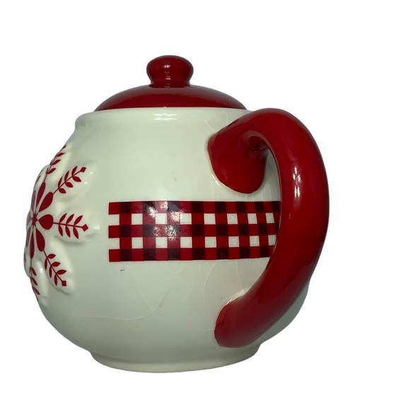 Teapot Folk Art Winter Gingham Buffalo Check Plaid Christmas Retired Red White - Picture 6 of 13